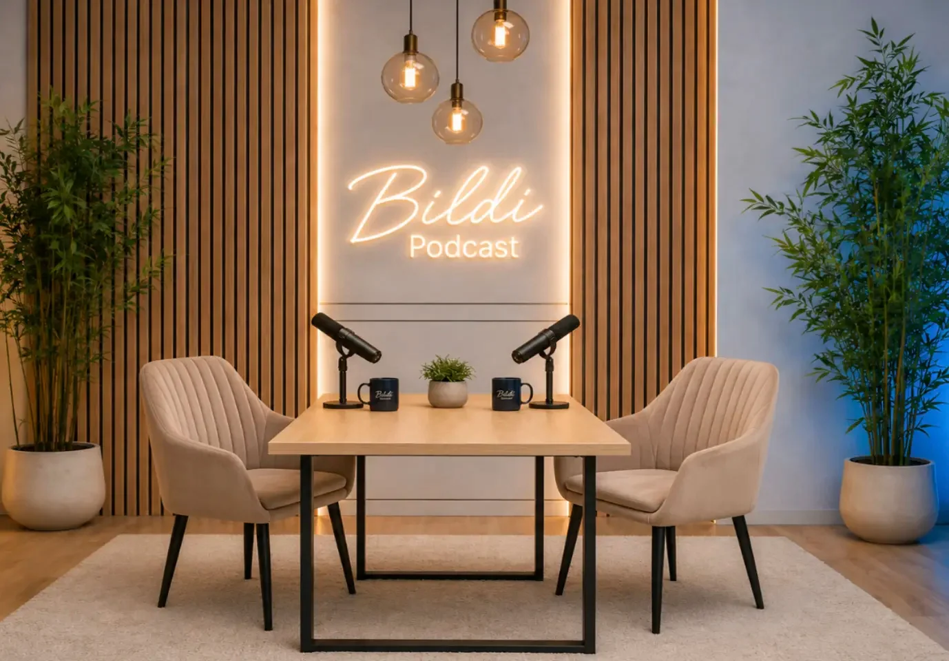 Edukativni centar Bildi Podcast studio sa stolom i mikrofonima