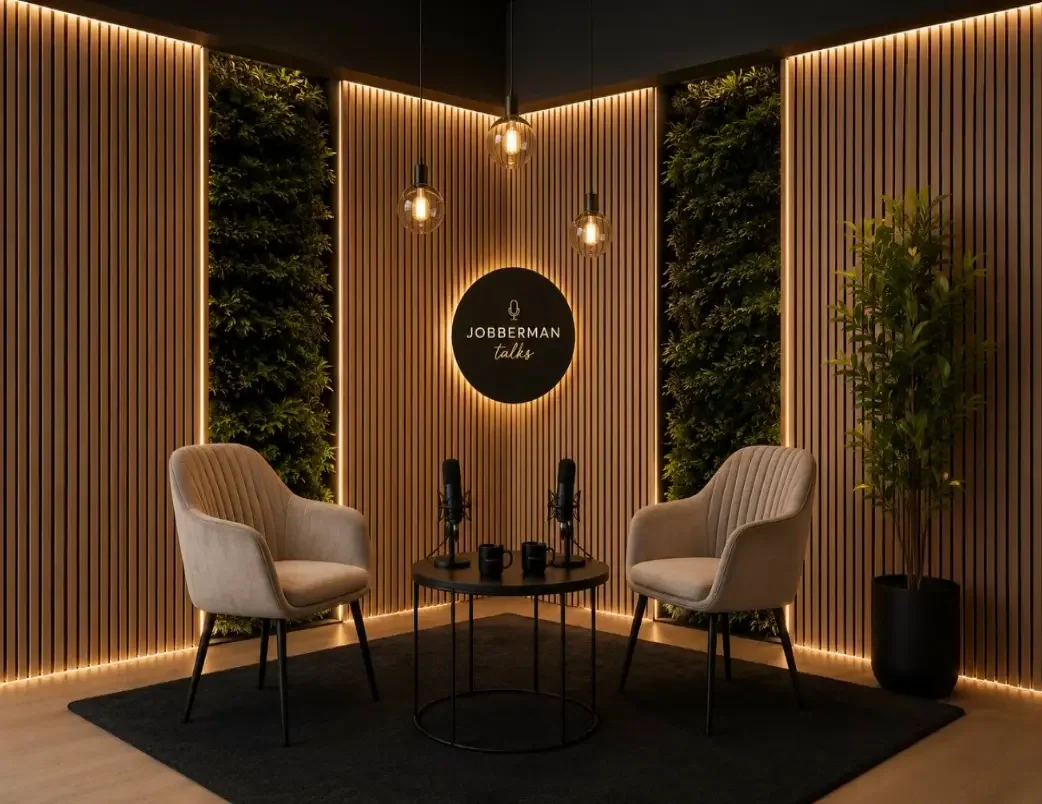 Podcast studio sa drvenim panelima i dve stolice